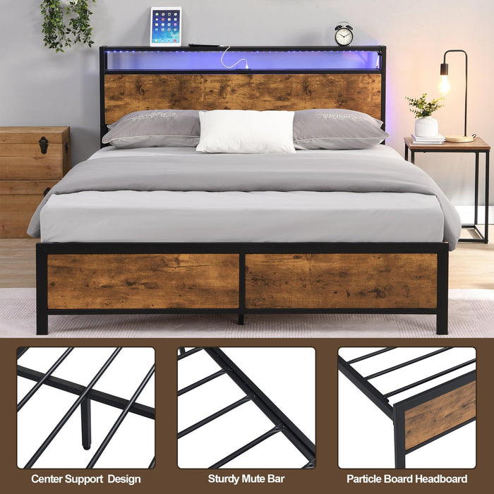 Industrial Full Bed Frame with LED Lights and 2 USB Ports, Bed Frame Full Size withStorage, Noise Free, No Box Spring Needed, Rustic Brown