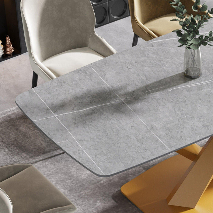 70.87"Modern artificial stone gray curved golden metal leg dining table-can accommodate 6-8 people