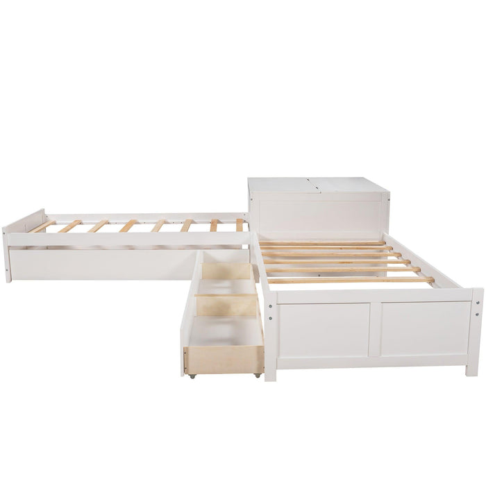 L-shaped Platform Bed with Trundle and Drawers Linked with built-in Flip Square Table,Twin,White