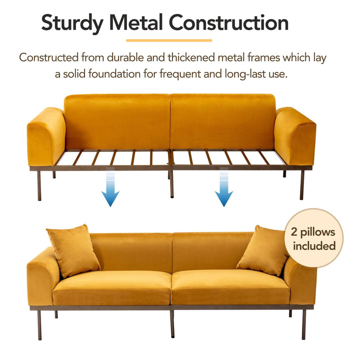 Modern Velvet Sofa with Metal Legs,Loveseat Sofa Couch with Two Pillows for Living Room and Bedroom, Mustard