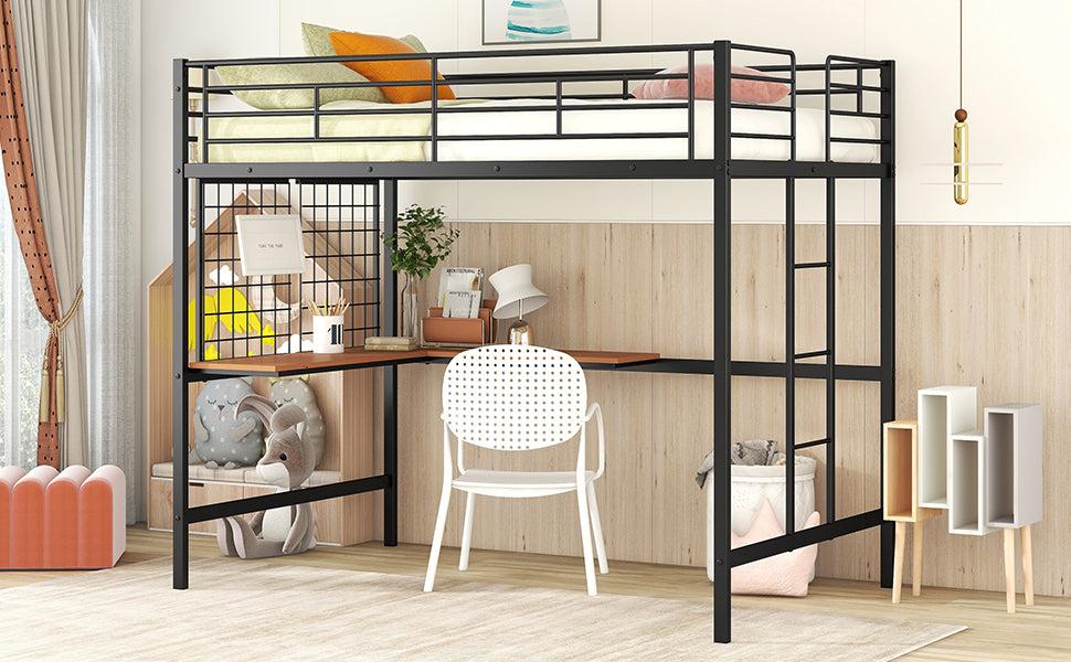 Full Metal Loft Bed with Desk and Metal Grid, Black