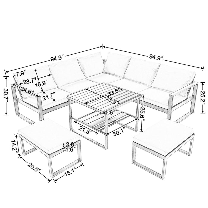 Industrial Style Outdoor Sofa Combination Set With 2 Love Sofa,1 Single Sofa,1 Table,2 Bench