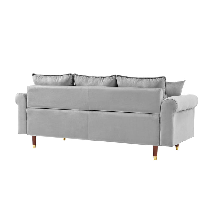 GREY Velvet Sofa Couch with 2 Pillows,Modern 3 Seater Sofa With Wood Legs for Living Room and Bedroom .