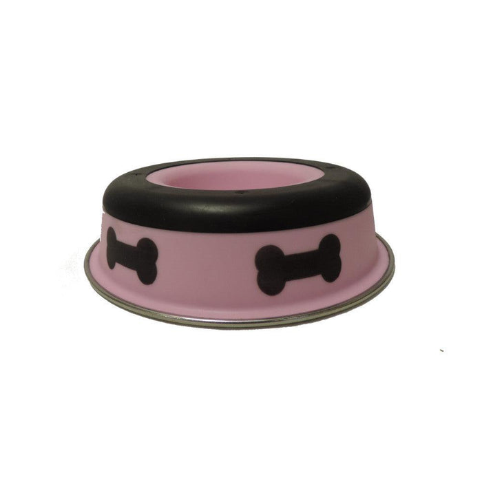 Slow Feeder Spill Proof Pet Bowl with Rubber Base and Bone Design, Pink and Black