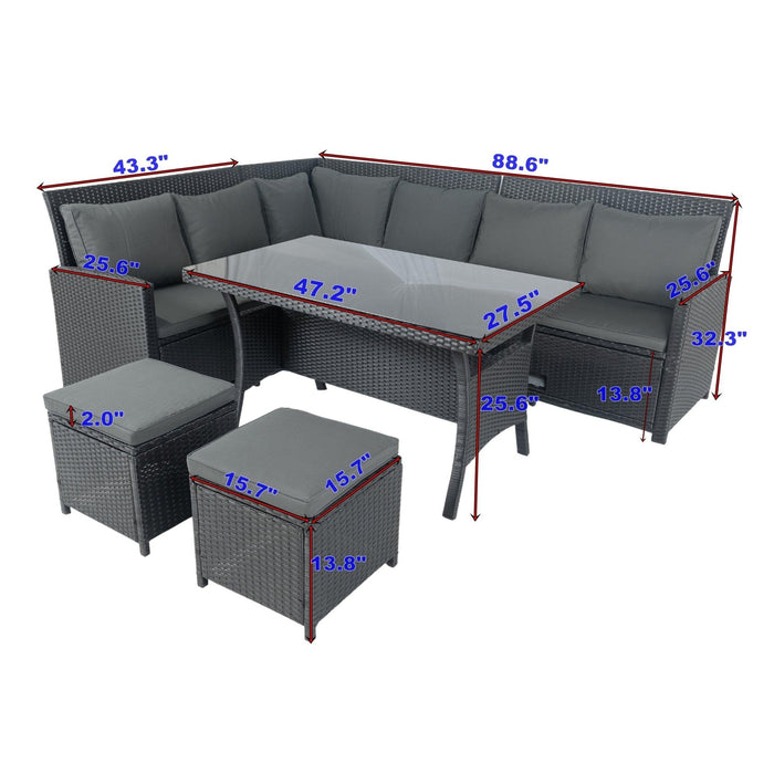 6 Pieces PE Rattan sectional Outdoor Furniture Cushioned Sofa Set with 2Storage Under Seat Grey