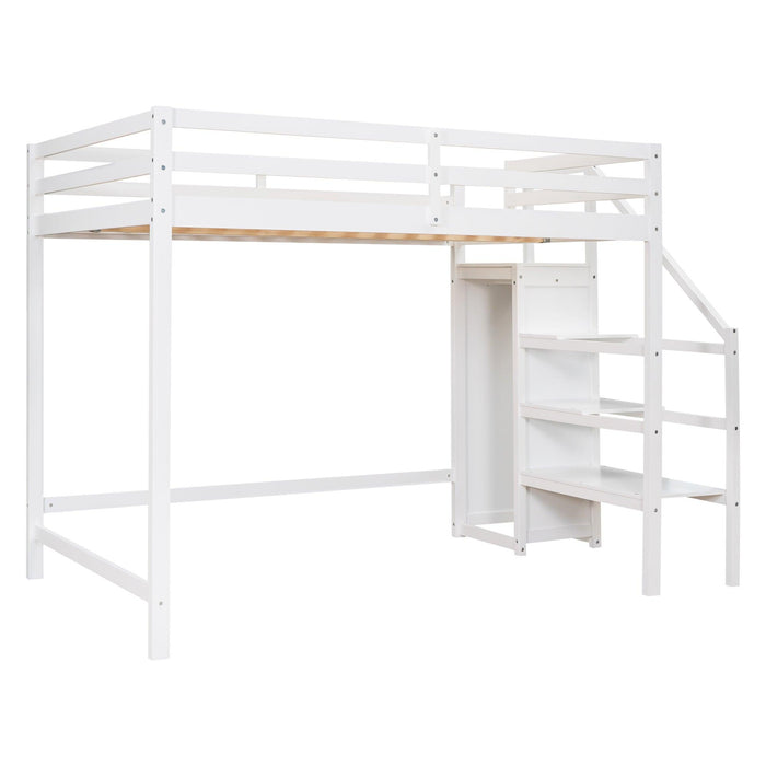 Full Size Loft Bed with Built-inStorage Wardrobe and Staircase,White