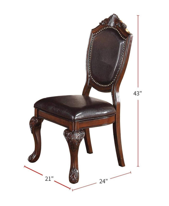 Royal Majestic Formal Set of 2 Side Chairs Brown Color Rubberwood Dining Room Furniture Intricate Design Faux Leather Upholstered Seat