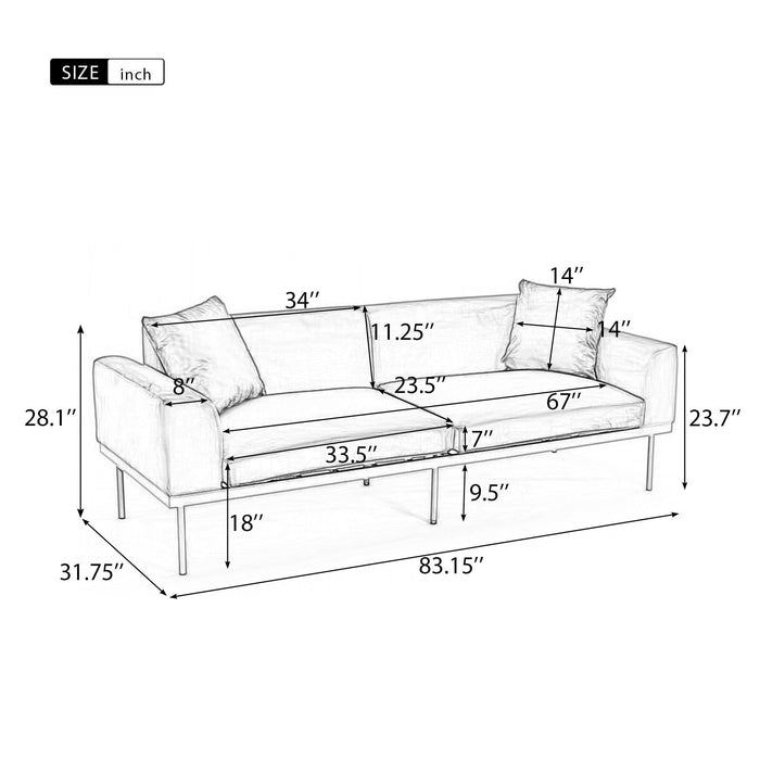 Modern Velvet Sofa with Metal Legs,Loveseat Sofa Couch with Two Pillows for Living Room and Bedroom,Grey