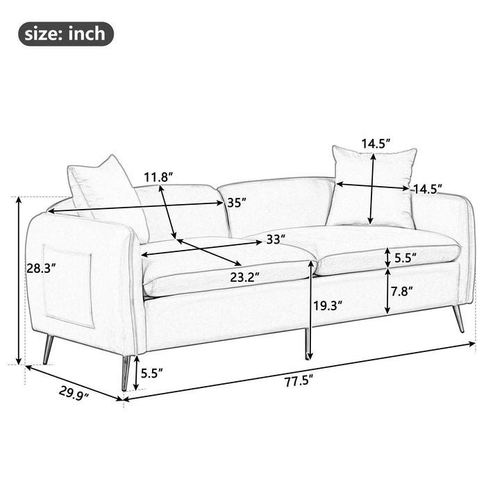 77.5" Velvet Upholstered Sofa with Armrest Pockets,3-Seat Couch with 2 Pillows and lden Metal Legs for Living Room,Apartment,Home Office,Gray