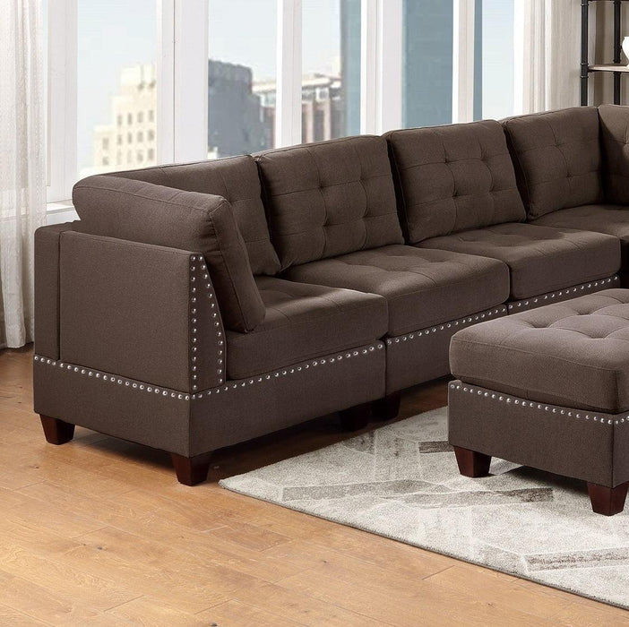 Modular Sectional 5pc Set Living Room Furniture Corner L-Sectional Black Coffee Linen Like Fabric Tufted Nail heads 2x Corner Wedge 2x Armless Chair and 1x Ottoman