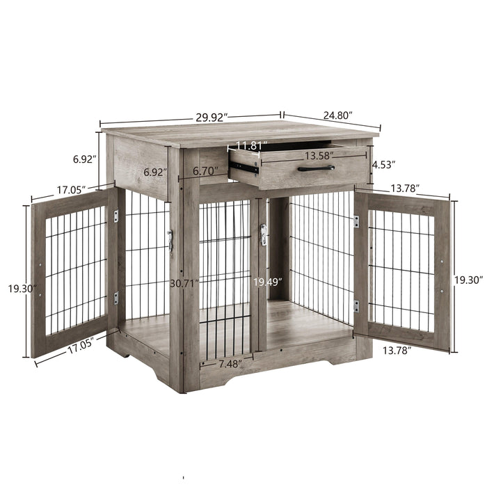 Furniture Style Dog Crate End Table with Drawer, Pet Kennels with Double Doors , Dog House Indoor Use, （Grey，29.92”w x 24.80” d x 30.71”h）