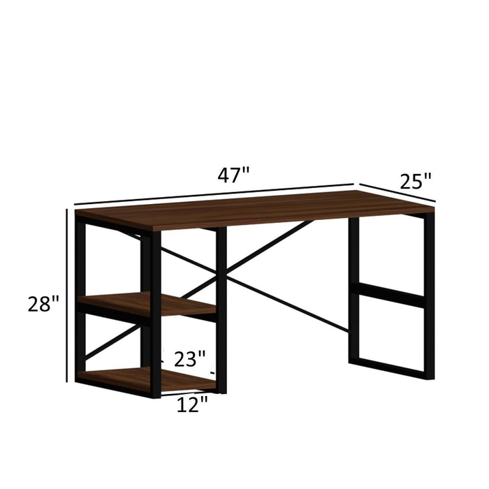 Furnish Home Store Sage Black Metal Frame 47" Wooden Top 2 Shelves Writing and Computer Desk for Home Office, Walnut