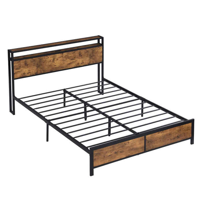 Industrial Full Bed Frame with LED Lights and 2 USB Ports, Bed Frame Full Size withStorage, Noise Free, No Box Spring Needed, Rustic Brown