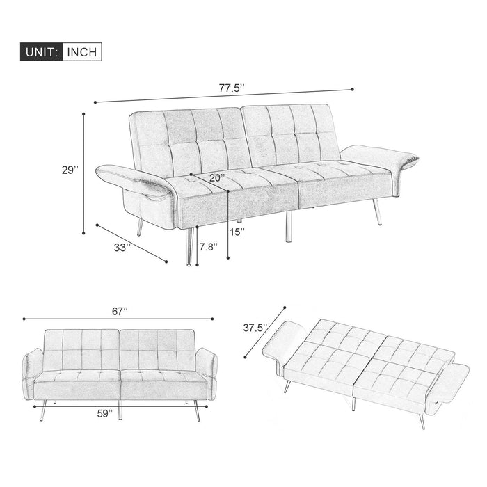 78" Italian Velvet Futon Sofa Bed, Convertible Sleeper Loveseat Couch with Folded Armrests andStorage Bags for Living Room and Small Space, Grey 280g velvet