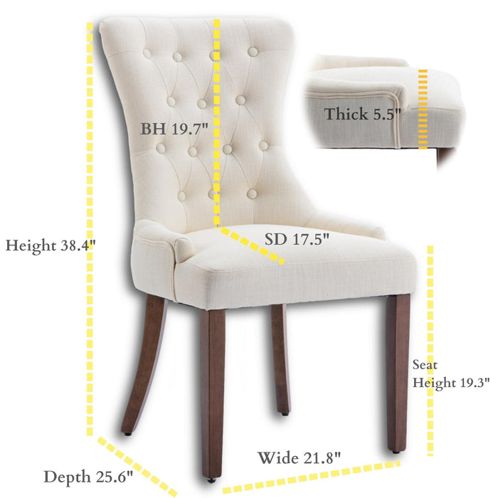 Classic Button Tufted Beige Linen Fabric Upholstered Dining Chair with Solid Wood Legs 2 PCS