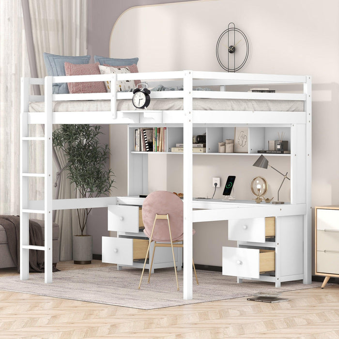 Full Size Loft Bed with Desk, Cabinets, Drawers and Bedside Tray, Charging Station, White image