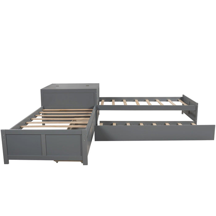 L-shaped Platform Bed with Trundle and Drawers Linked with built-in Flip Square Table,Twin,Gray