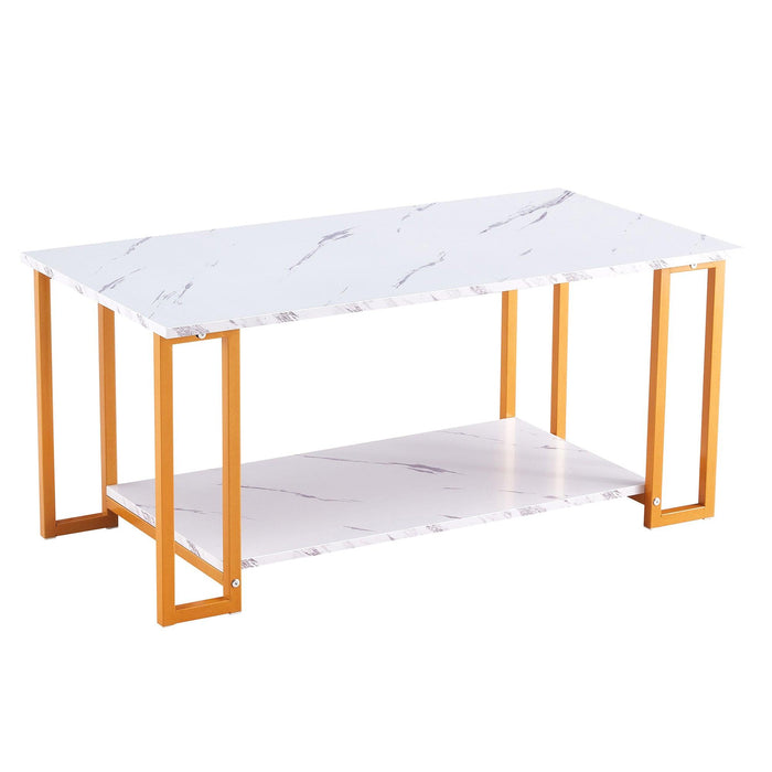 Coffee Table, 2 Layers 1.5cm Thick Marble MDF Rectangle 39.37" L Tabletop Iron Coffee Table , Dining Room, Coffee Shop, Resterant, White Top, ld Leg