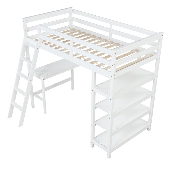 Twin Loft Bed with desk,ladder,shelves , White