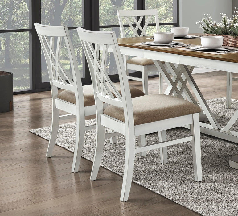 Modern Style White and Oak Finish 5pc Dining Set Table w Extension Leaf 4x Side Chairs Upholstered Seat Charming Traditional Dining Room Furniture