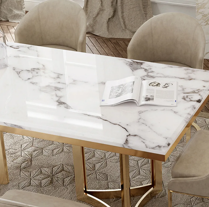 BuraModern Marble Dining Table with Rectangular Tabletop Gold Stainless Legs, for Kitchen and Dining Room