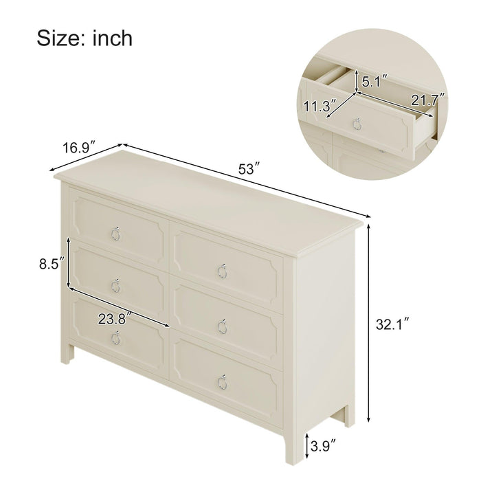 6 Pieces Bedroom Sets Milky White Solid Rubber Wood Full Size Platform Bed with Nightstand*2, Chest, Mirror and Dresser