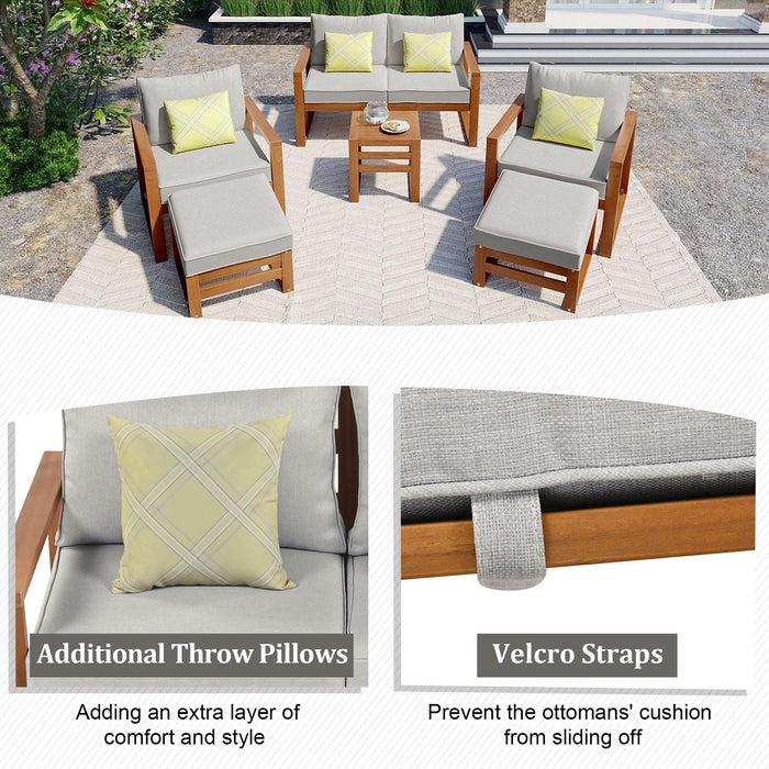 Outdoor Patio Wood 6-Piece Conversation Set, Sectional Garden Seating Groups Chat Set with Ottomans and Cushions for Backyard, Poolside, Balcony, Grey