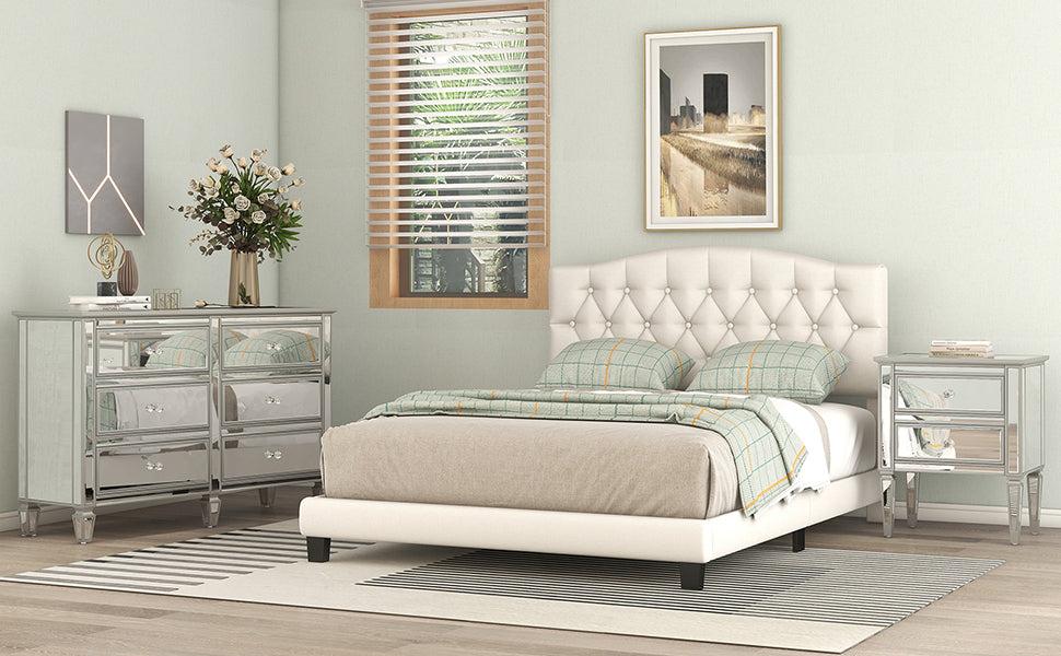 Elegant 3 Pieces Bedroom Set Full Upholstered Curved Tufted Linen Platform Bed Frame with Mirrored Silver Finished Nightstand and Dresser