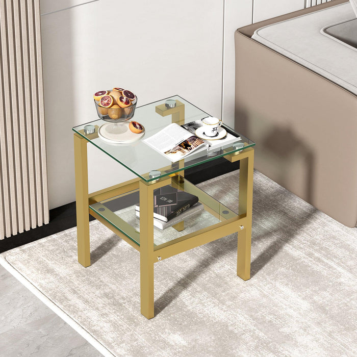 Clear Glass Side & End Table with Gold Legs; Tempered Glass Night Stand Corner Table