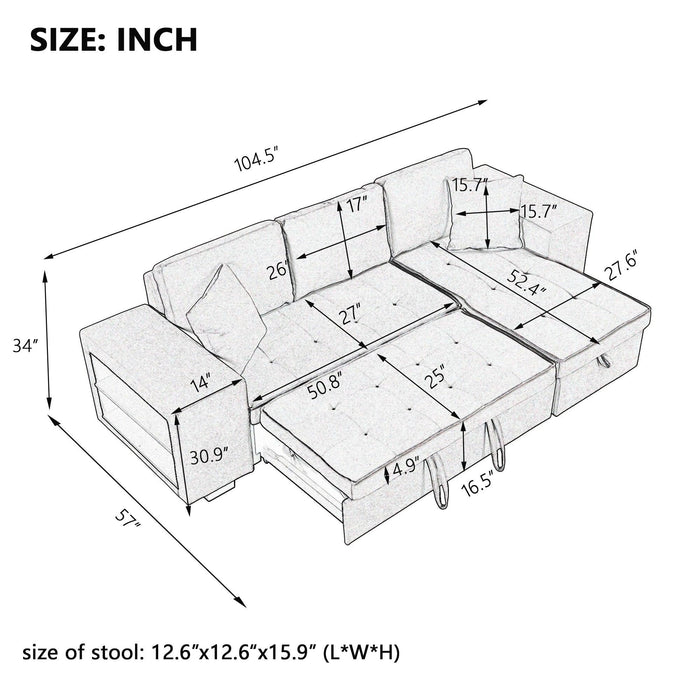 104" Pull Out Sleeper Sofa Reversible L-Shape 3 Seat Sectional Couch withStorage Chaise and 2 Stools for Living Room Furniture Set,Gray