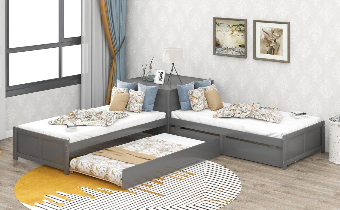 L-shaped Platform Bed with Trundle and Drawers Linked with built-in Flip Square Table,Twin,Gray