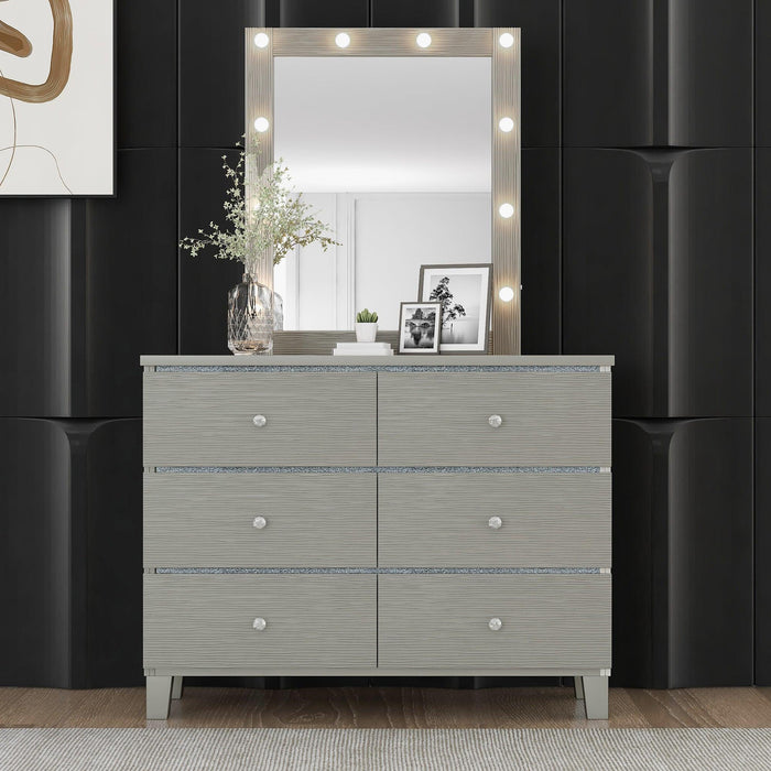 Champagne Silver Rubber Wood Dresser & Mirror with 6 Drawers Metal Slides Crystal Handle LED Lights Mirror