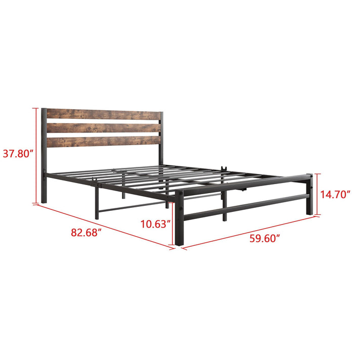 Platform Queen Size Bed Frame with Rustic Vintage Wood Headboard, Strong Metal Slats Support Mattress Foundation, No Box Spring Needed Rustic Brown