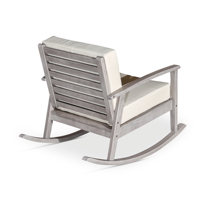 Eucalyptus Rocking Chair with Cushions, Silver Gray Finish, Dark Green Cushions