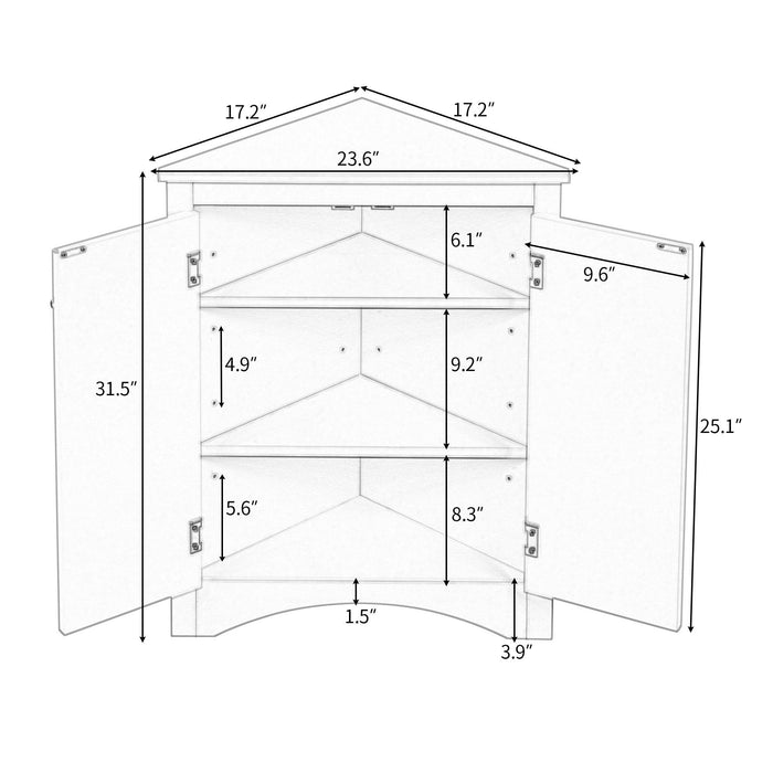 White Triangle BathroomStorage Cabinet with Adjustable Shelves, Freestanding Floor Cabinet for Home Kitchen