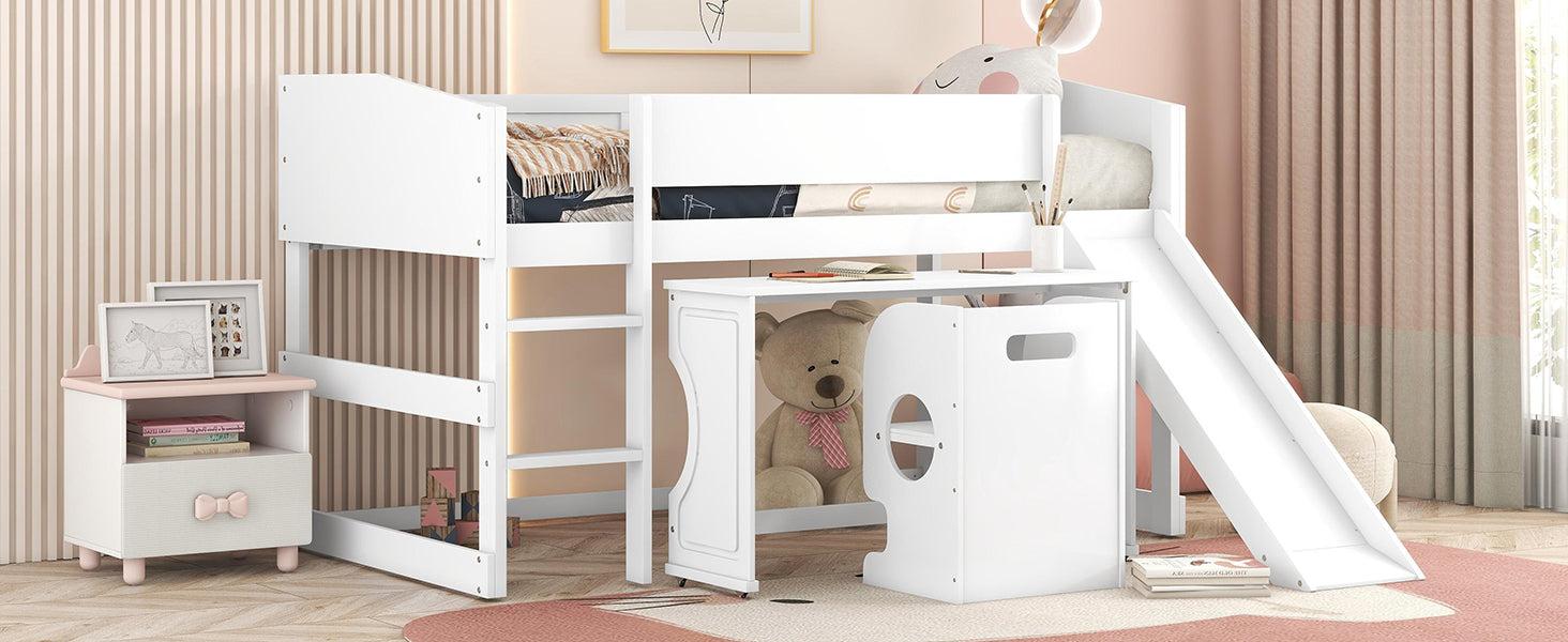 Low Study Twin Loft Bed with Rolling Portable Desk and Chair,Multiple Functions Bed- White