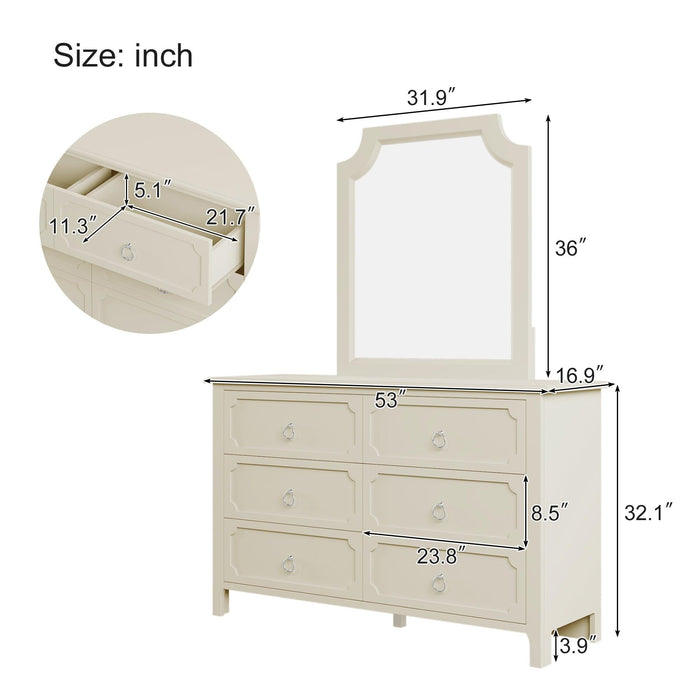 6 Pieces Bedroom Sets Milky White Solid Rubber Wood Full Size Platform Bed with Nightstand*2, Chest, Mirror and Dresser