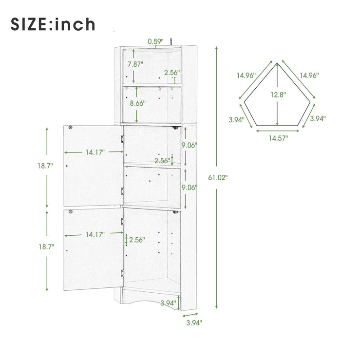 Tall Bathroom Corner Cabinet, FreestandingStorage Cabinet with Doors and Adjustable Shelves, MDF Board, White