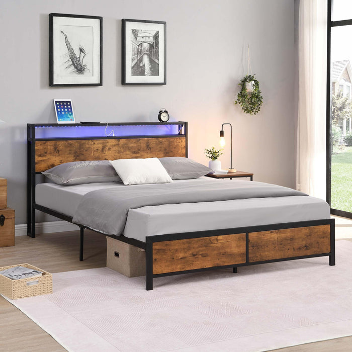 Industrial Full Bed Frame with LED Lights and 2 USB Ports, Bed Frame Full Size withStorage, Noise Free, No Box Spring Needed, Rustic Brown