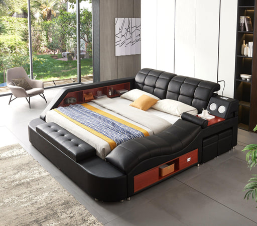 Multifunctional UpholsteredStorage Bed Frame, Massage Chaise Lounge on Right ,Queen Size, Black image