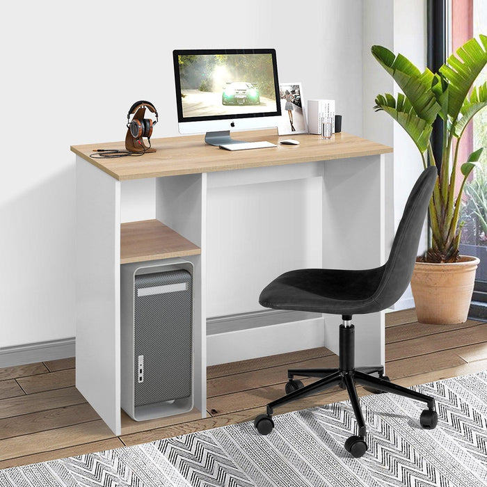 Full Wooden computer desk with 2 layers, 35.4" W x 18.9" D x 29.5" H, Oak & White image