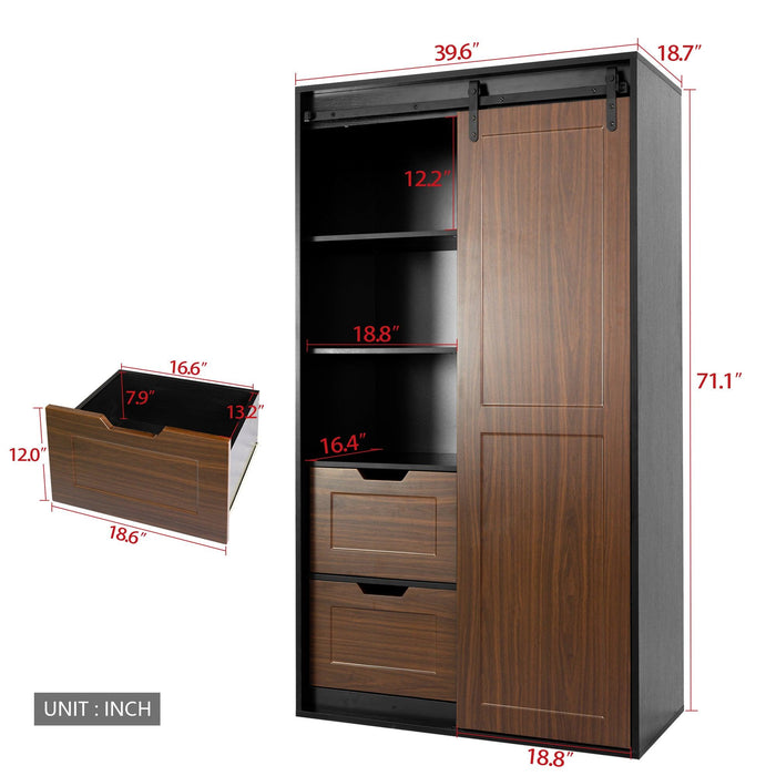 71-inch High wardrobe and cabinet , Clothes Locker，classic sliding barn door armoire, lockers, for bedrooms, cloakrooms, living rooms, color: black +brown