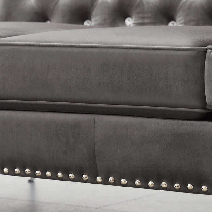 82.3" WidthModern Velvet Sofa Jeweled Buttons Tufted Square Arm Couch Grey,2 Pillows Included