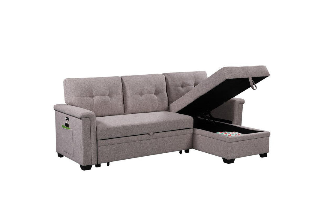 Nathan Light Gray Reversible Sleeper Sectional Sofa withStorage Chaise, USB Charging Ports and Pocket