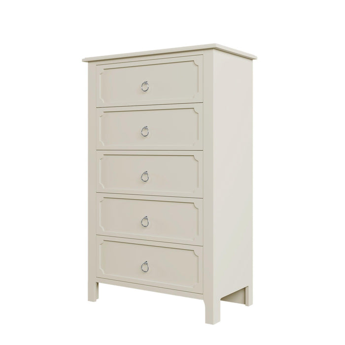 Milky White Rubber Wooden Chest Five Large Drawers Silver Metal Handles for Living Room Guest Room Bedroom